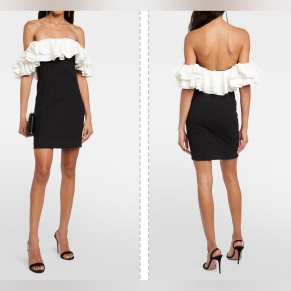 NEW STAUD Kiara off-shoulder ruffled black Ivory minidress sz 8 - Picture 1 of 7
